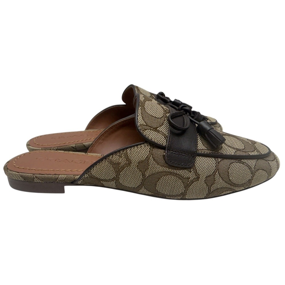 NEW‎ COACH Size 6B Women's Shoes Slide Khaki Jacquard SIG Leather Trim - Picture 4 of 8